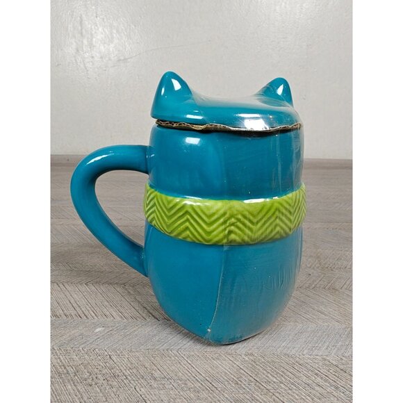 St. Nicholas Square Hand Painted Owl Mug With Lid 16oz Ceramic Blue With Green S - Picture 7 of 8